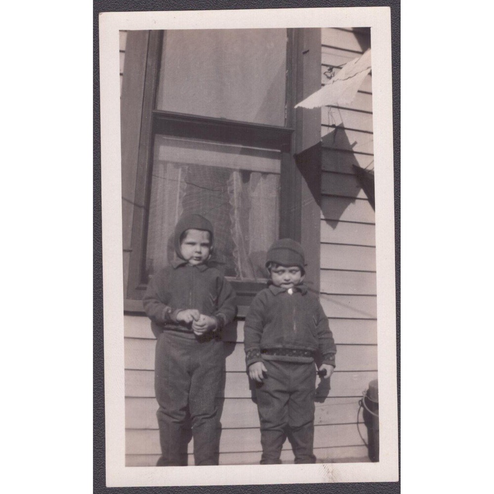 Vtg 1930s Snapshot Photo Two Children Knit Caps Wool Coats Clapboard House